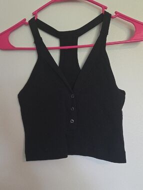 Black Ribbed Racerback Crop Top - Women